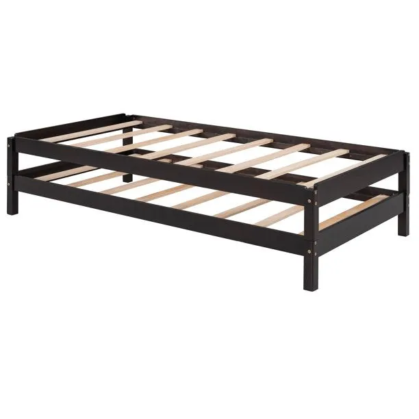 2 Twin Platform Bed, Solid Wood Bed Stackable Bed for Guest Room Bedroom Living Room, Low Profile Bed Frame, No Box Spring Needed, Espresso