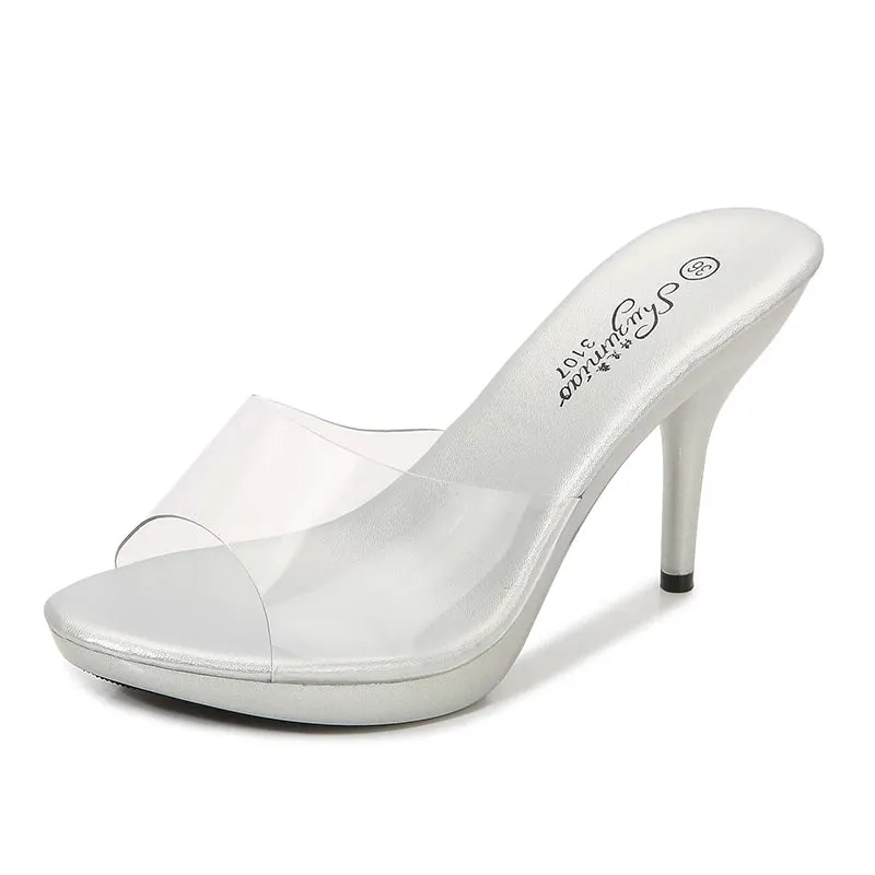 2021 New Transparent Crystal Slippers Outdoor Beach Summer Sandal Walk Show High Heels Sexy Party Dress Women Shoes Eight Colors