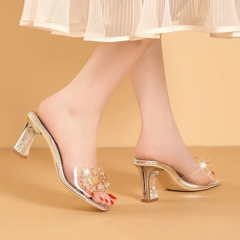 2023 Summer Square Head Open Toe Fashion Transparent Soft Flower Women's Slippers Crystal Heel New High Heel Sandals