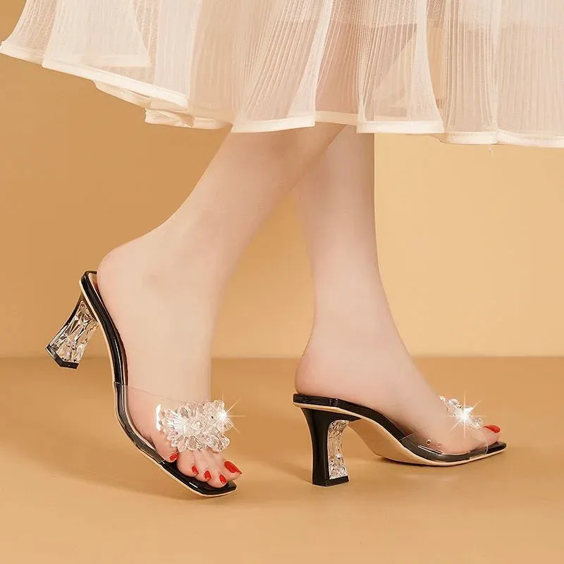 2023 Summer Square Head Open Toe Fashion Transparent Soft Flower Women's Slippers Crystal Heel New High Heel Sandals
