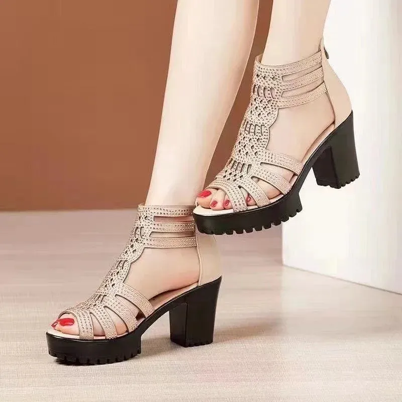 2024 New Women's Sandals Wedges Summer Hollow Out Roman Sandals Ladies Elegant Low Heel Sandals for Women Fashion Mujer Footwear