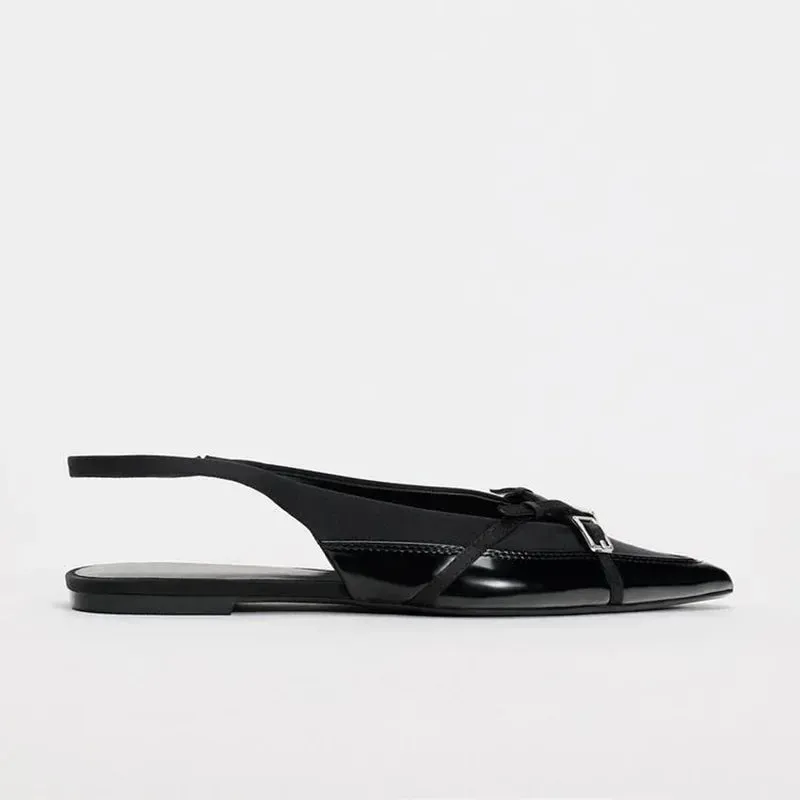 2025 Summer New Black Women's Sandals Buckle Cross Pointed Elegant Traf Designer Slingbacks Ladies Flat Shoes Big Size Footwear