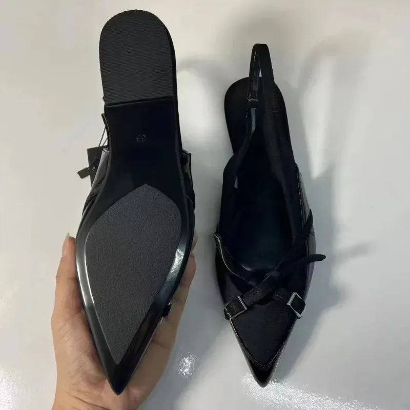 2025 Summer New Black Women's Sandals Buckle Cross Pointed Elegant Traf Designer Slingbacks Ladies Flat Shoes Big Size Footwear
