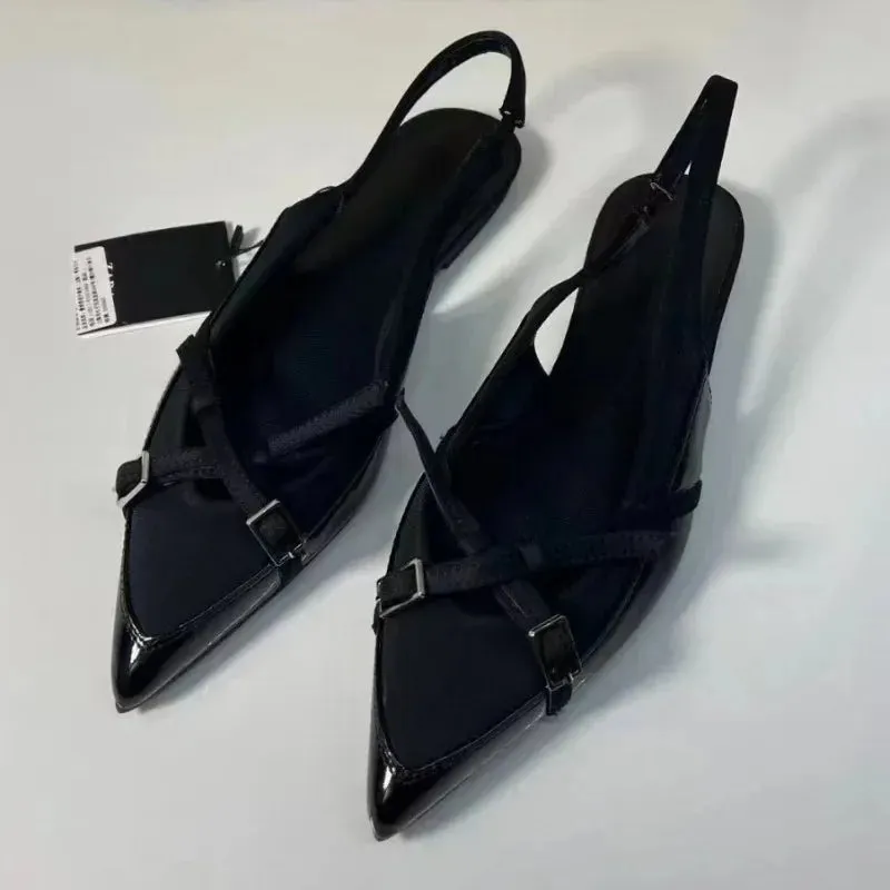 2025 Summer New Black Women's Sandals Buckle Cross Pointed Elegant Traf Designer Slingbacks Ladies Flat Shoes Big Size Footwear