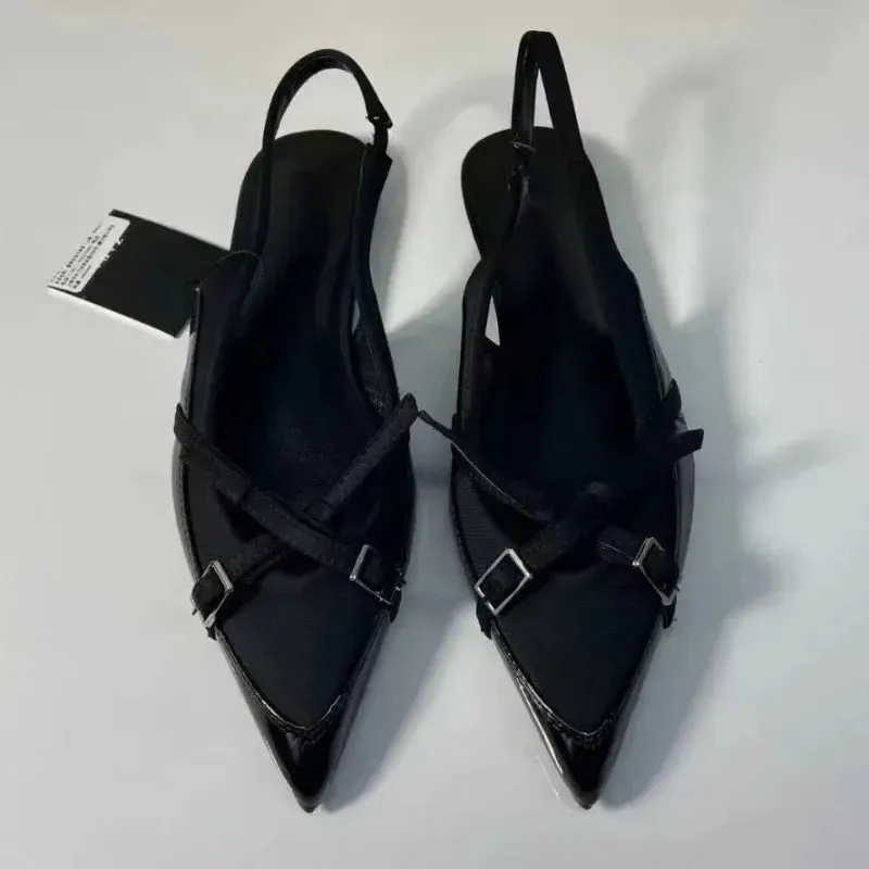 2025 Summer New Black Women's Sandals Buckle Cross Pointed Elegant Traf Designer Slingbacks Ladies Flat Shoes Big Size Footwear