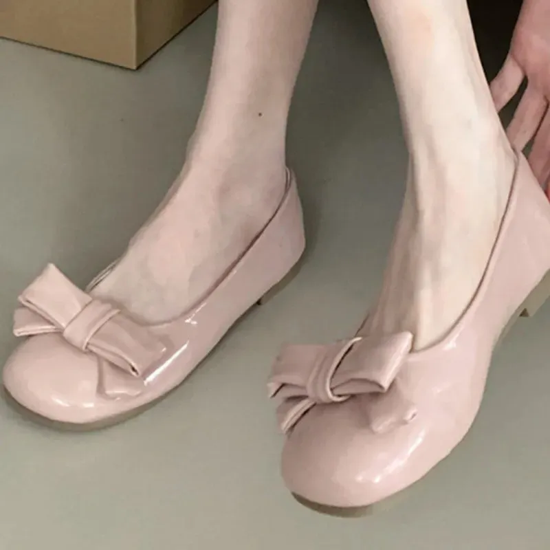 ADVBRIDGE  -  Sweet Bow Square Heel Women Flat Shoes Shallow Round Toe Slide Sandals Fashion Non-slip Comfortable Patent Leather Women Sandals