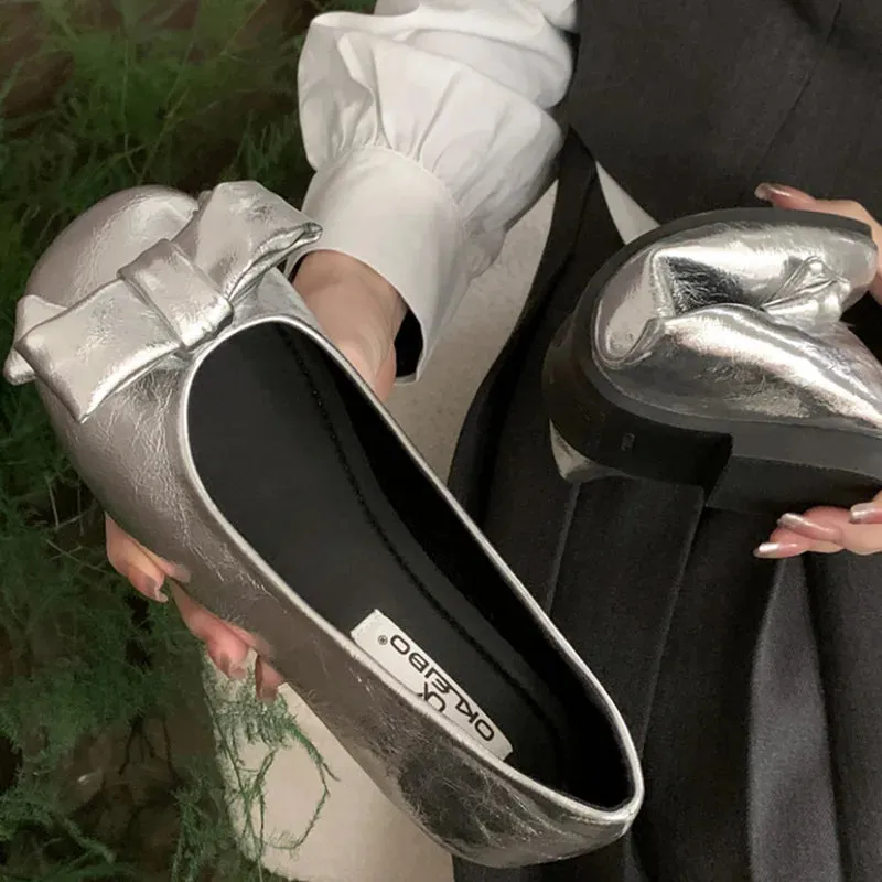 ADVBRIDGE  -  Sweet Bow Square Heel Women Flat Shoes Shallow Round Toe Slide Sandals Fashion Non-slip Comfortable Patent Leather Women Sandals