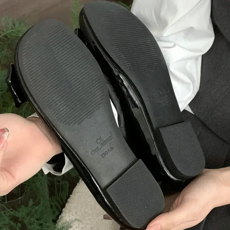 ADVBRIDGE  -  Sweet Bow Square Heel Women Flat Shoes Shallow Round Toe Slide Sandals Fashion Non-slip Comfortable Patent Leather Women Sandals