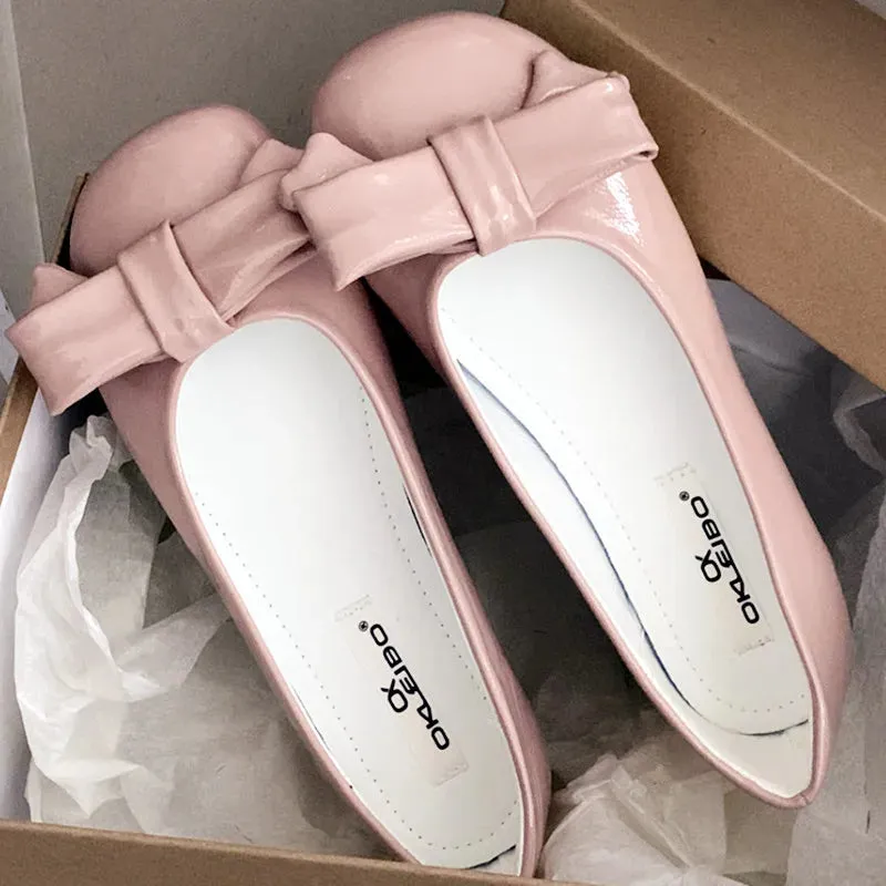 ADVBRIDGE  -  Sweet Bow Square Heel Women Flat Shoes Shallow Round Toe Slide Sandals Fashion Non-slip Comfortable Patent Leather Women Sandals