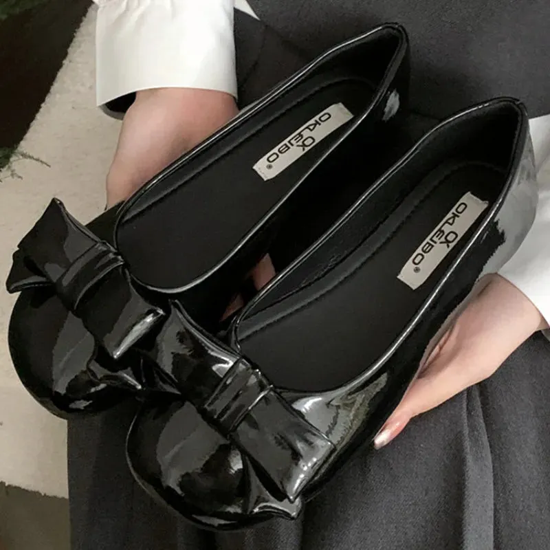 ADVBRIDGE  -  Sweet Bow Square Heel Women Flat Shoes Shallow Round Toe Slide Sandals Fashion Non-slip Comfortable Patent Leather Women Sandals