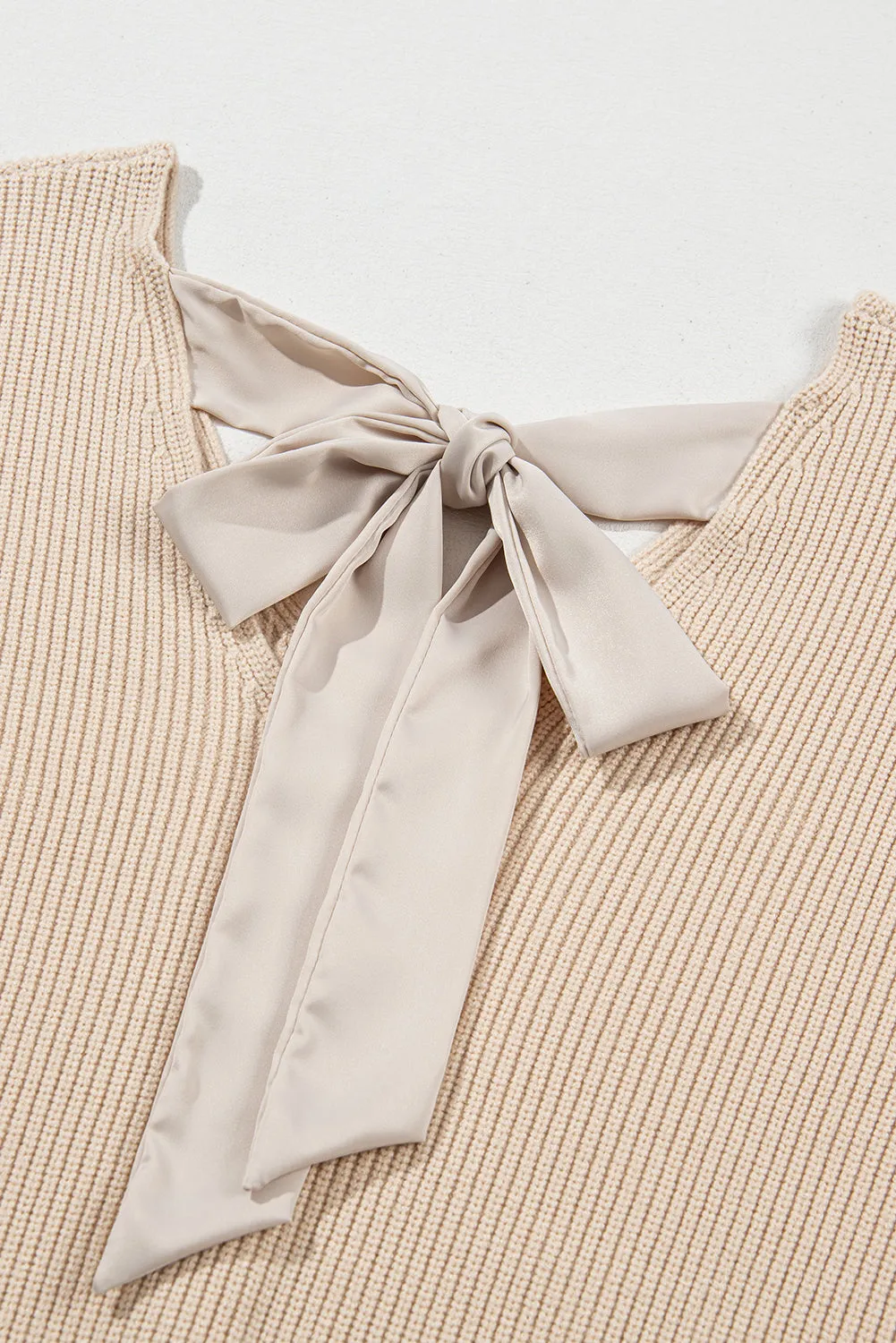 Apricot Lantern Sleeve V Neck Knot Back Sweater