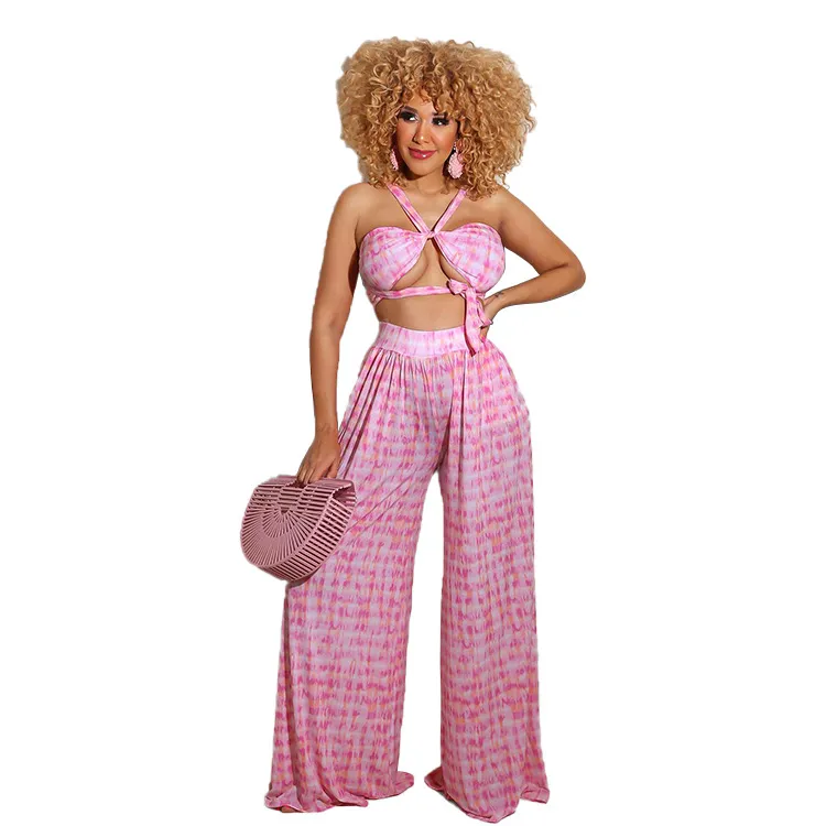 Bandeau Tie Crop Top & High-Waist Wide-Leg Pants Set