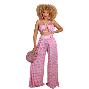 Bandeau Tie Crop Top & High-Waist Wide-Leg Pants Set