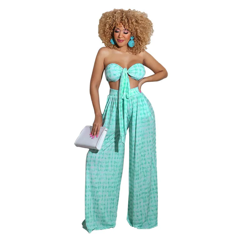 Bandeau Tie Crop Top & High-Waist Wide-Leg Pants Set