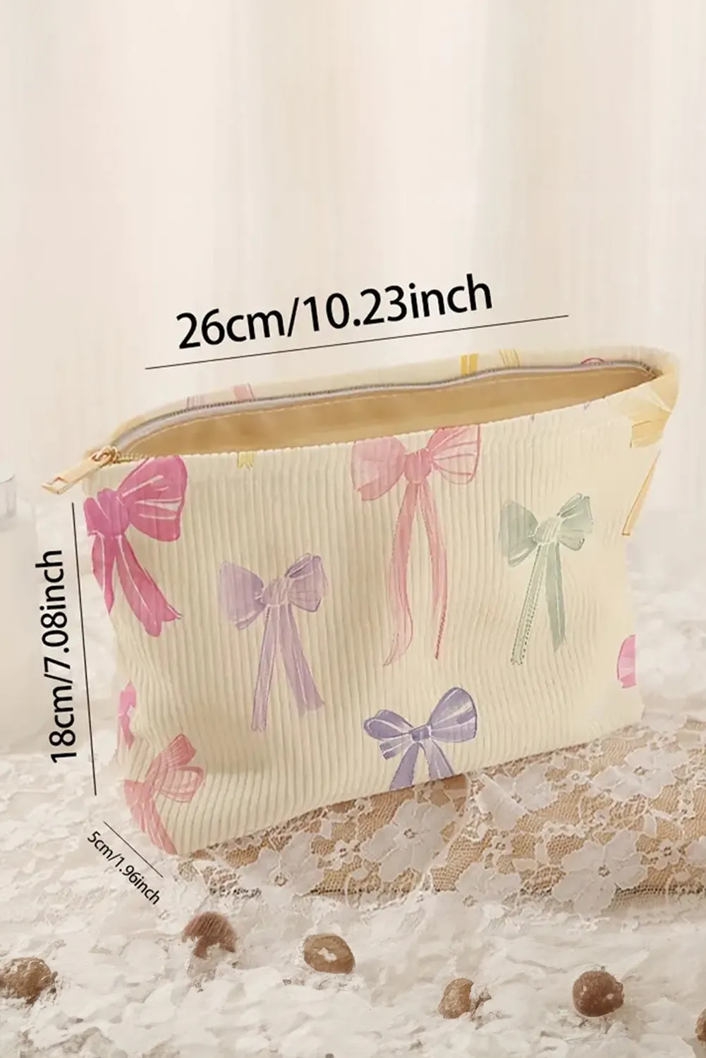 Beige Bow Knot Print Zipper Corduroy Large Cosmetic Bag