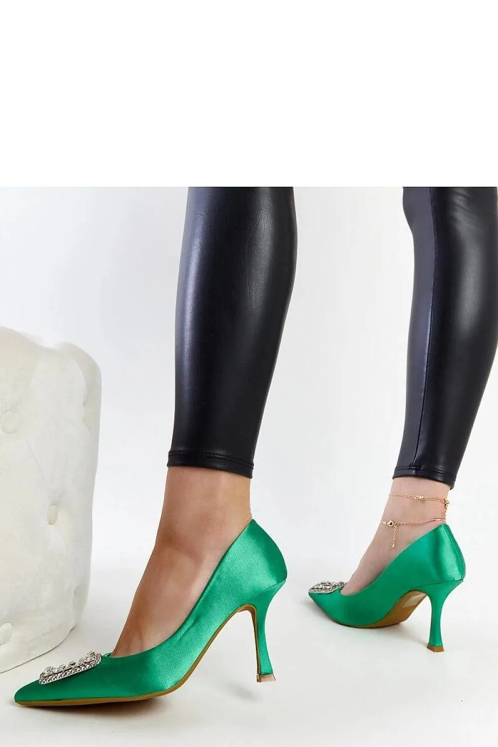 Beige satin-finished pumps with rhinestones