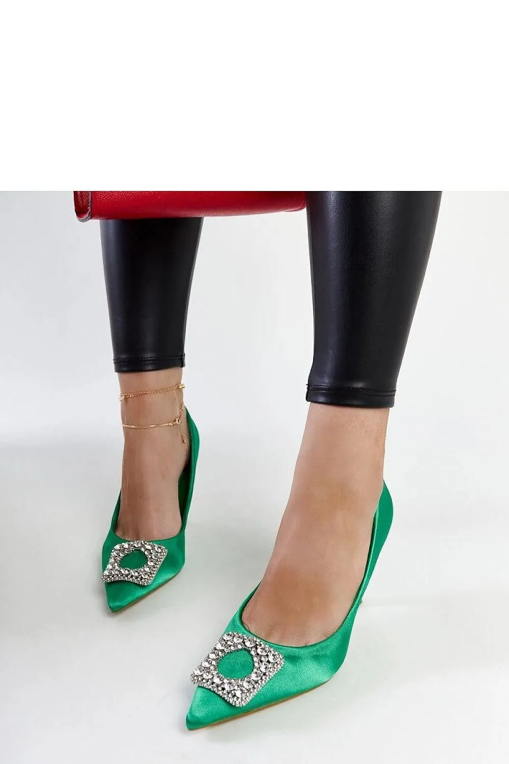 Beige satin-finished pumps with rhinestones