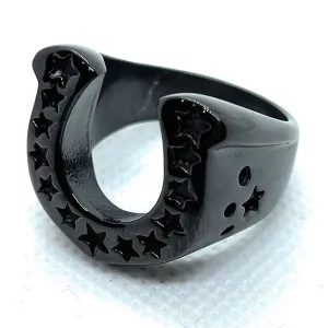 Black Big, Heavy & Bold Lucky Horseshoe Medallion Ring with Stars (#528Black)