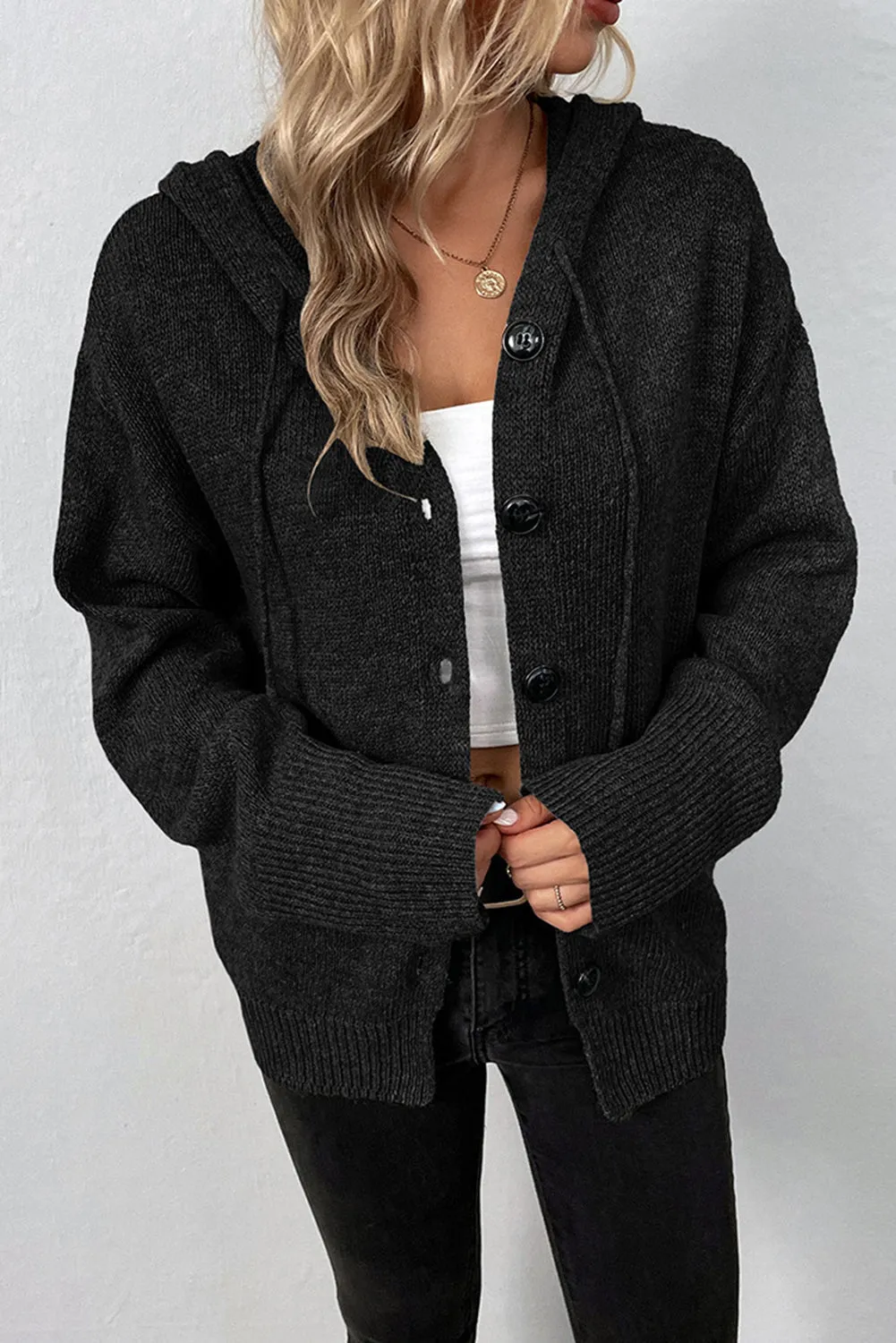 Black Drawstring Hooded Button Up Drop Shoulder Sweater Cardigan