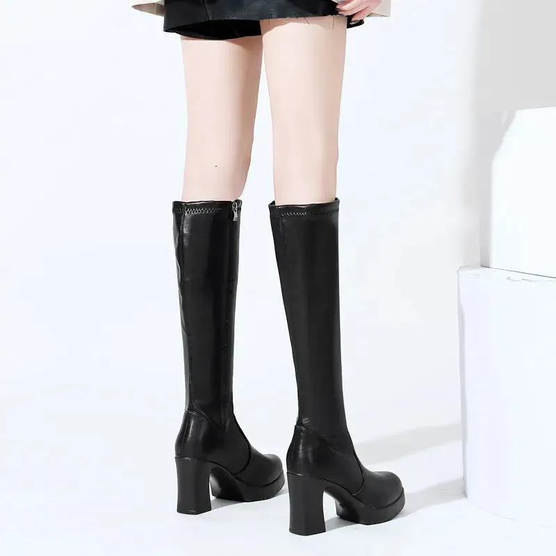 Black Elegant Heeled Shoes for Women Platform Footwear Leather Long High Heels Ladies Boots Winter Knee Shaft 2024 New Work Hot