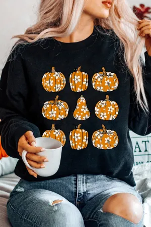Black Floral Pumpkin Graphic Round Neck Halloween Sweatshirt