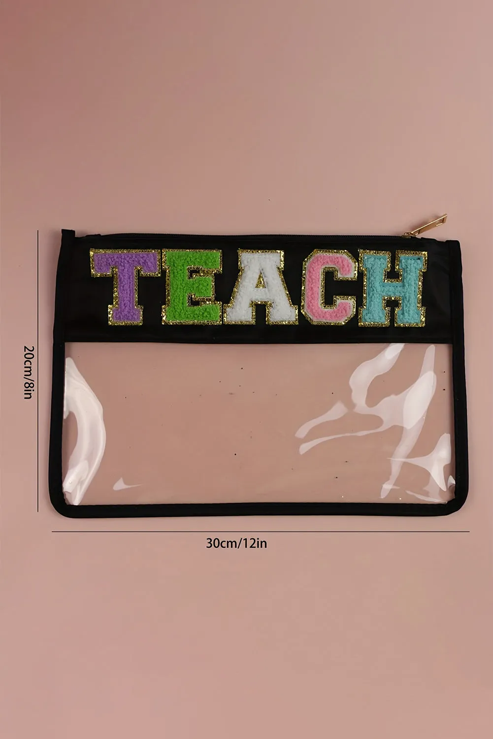 Black TEACH Glitter Chenille Clear PVC Makeup Bag