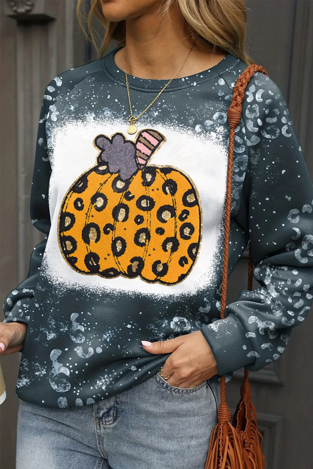 Blue Leopard Pumpkin Ink Plash Printed Halloween Sweatshirt