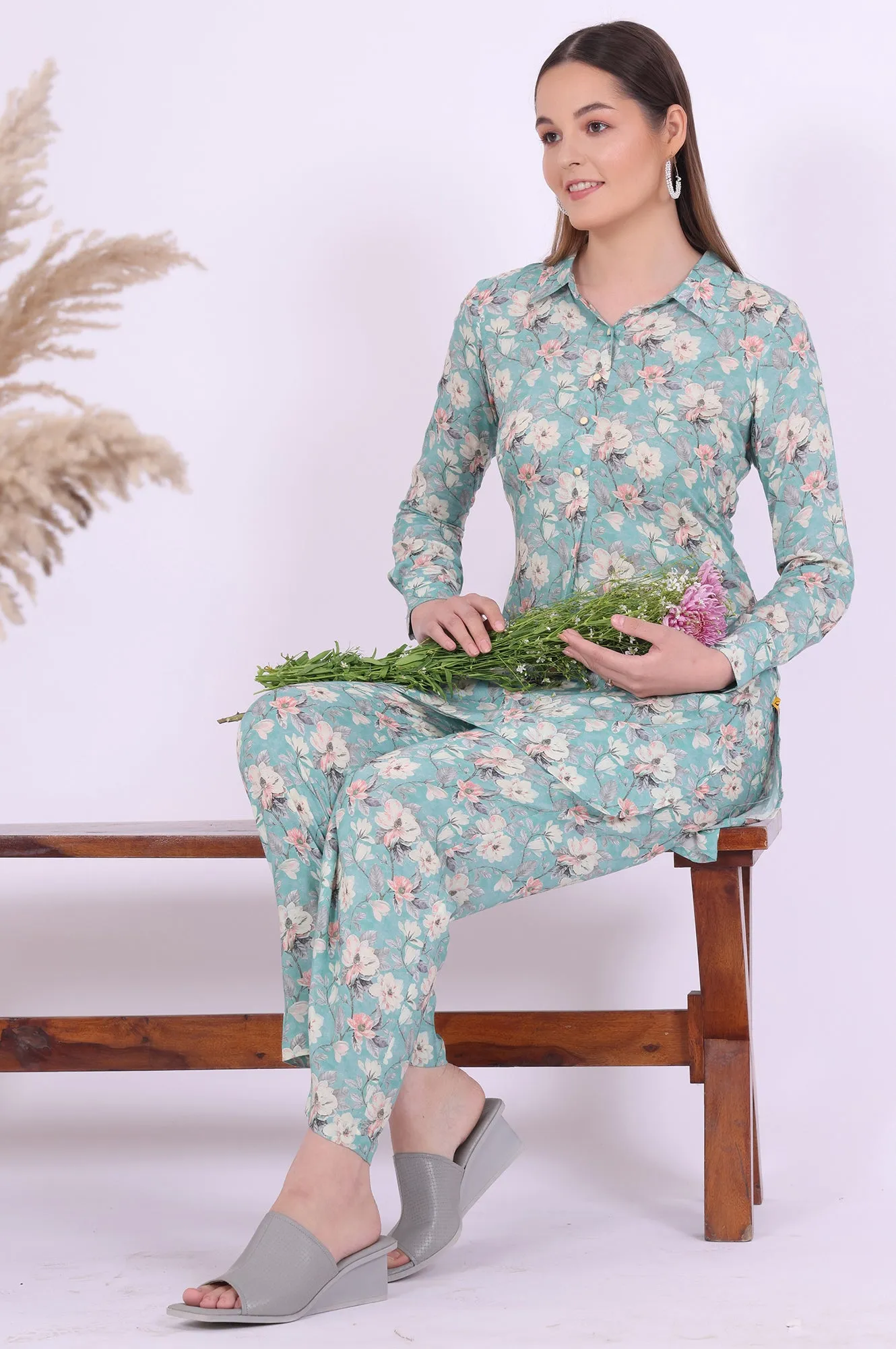 Blue Printed Straight Kurta with Palazzo & Dupatta Set