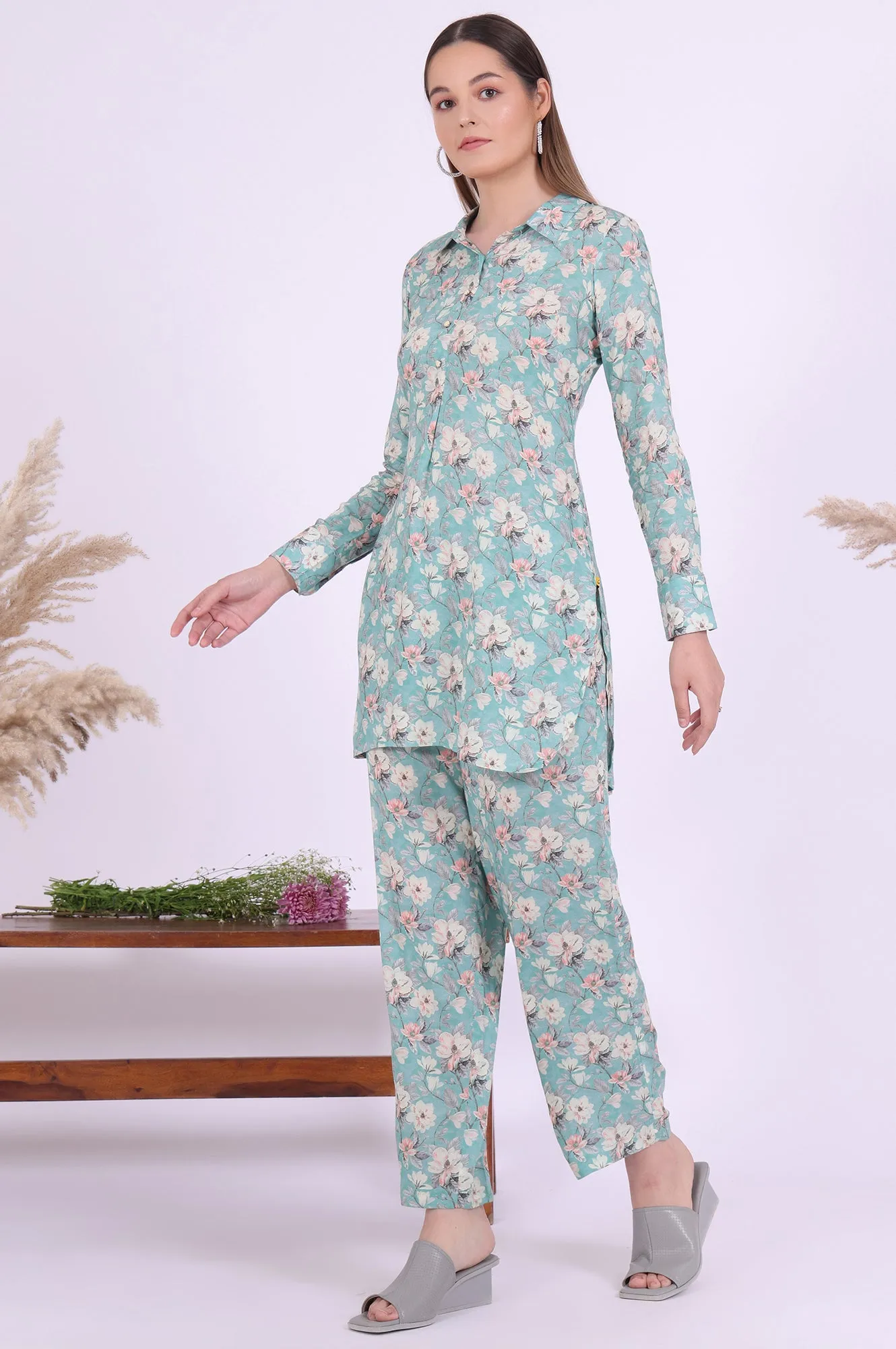 Blue Printed Straight Kurta with Palazzo & Dupatta Set