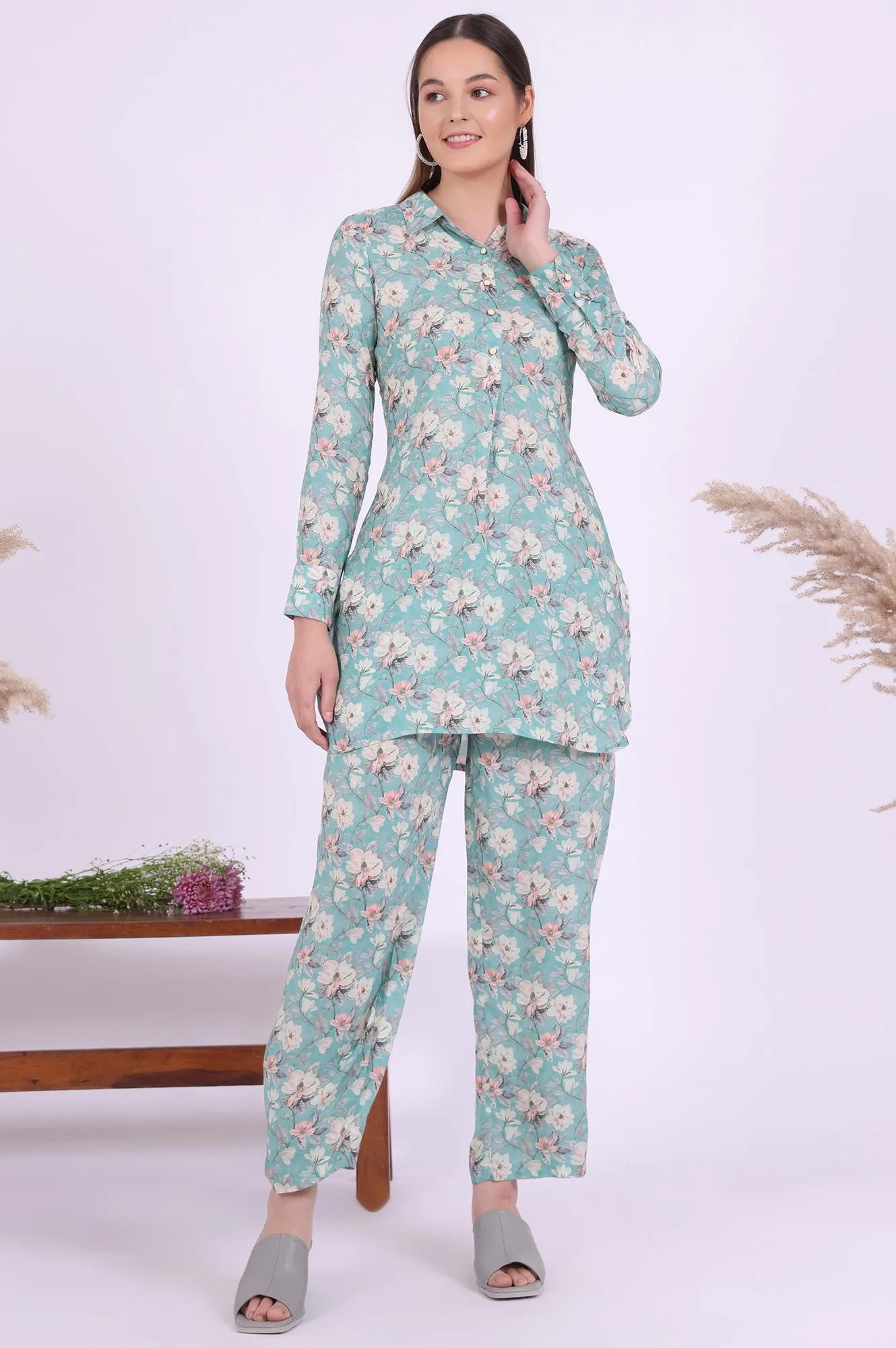 Blue Printed Straight Kurta with Palazzo & Dupatta Set