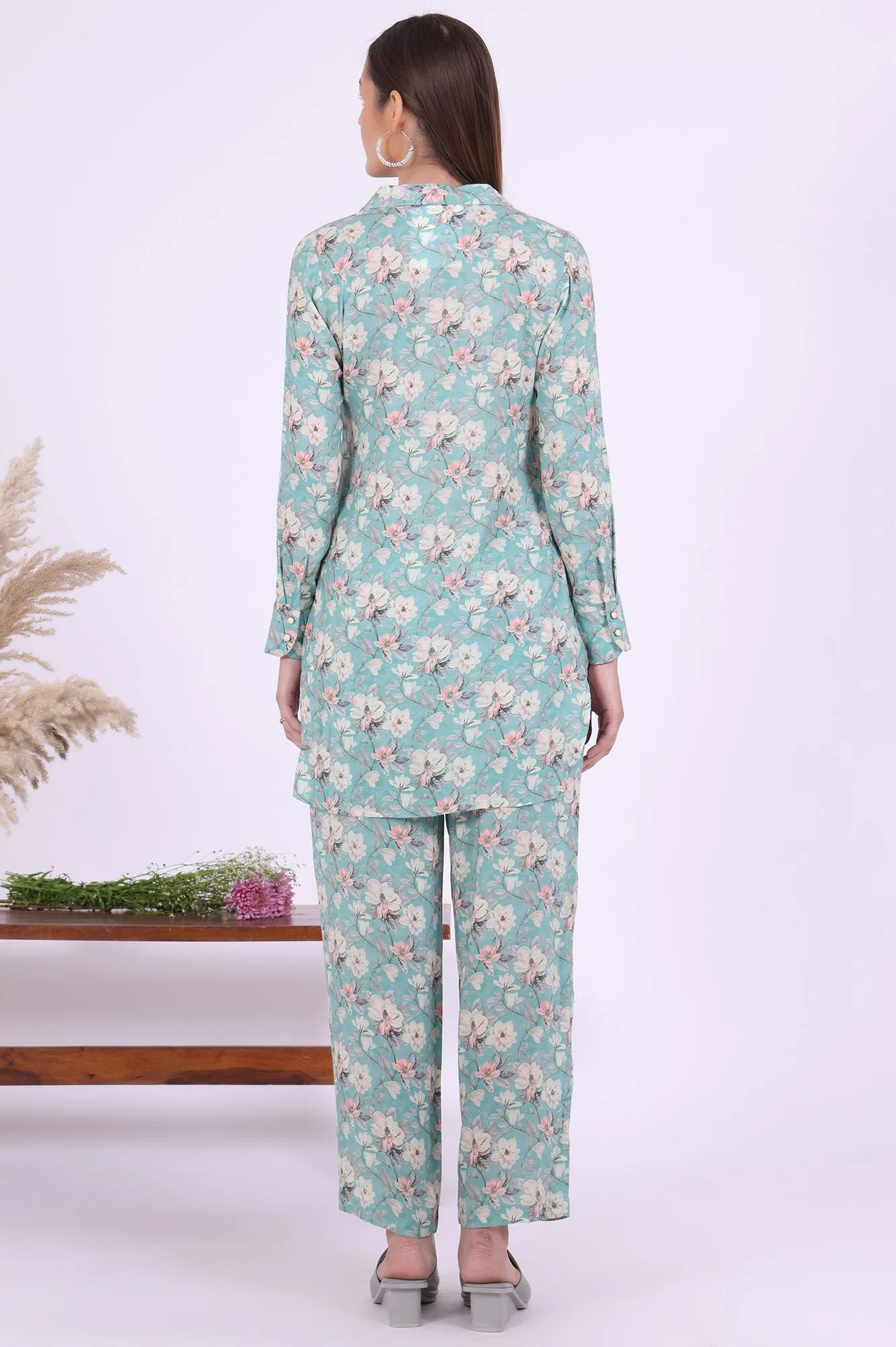 Blue Printed Straight Kurta with Palazzo & Dupatta Set