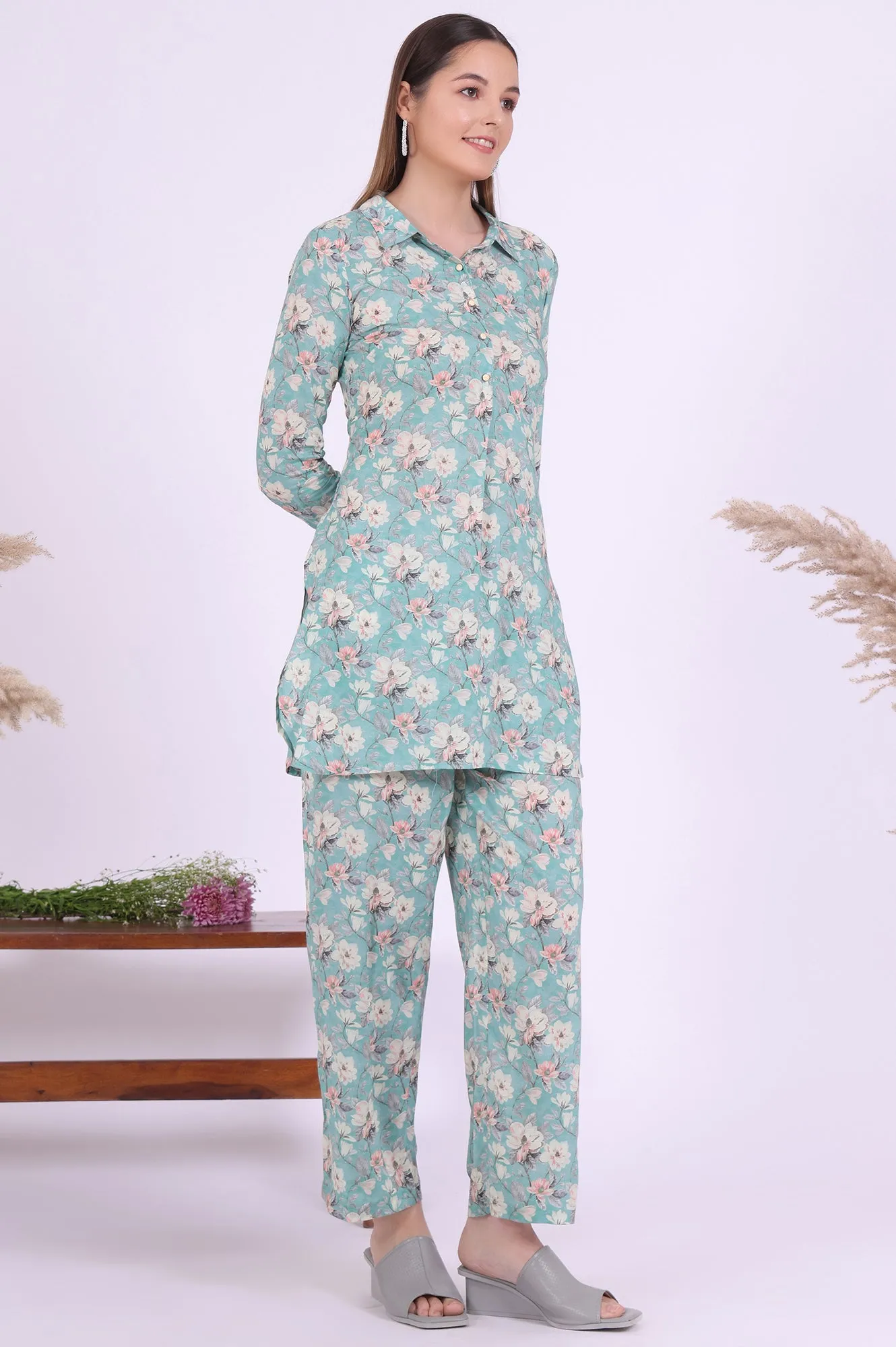Blue Printed Straight Kurta with Palazzo & Dupatta Set