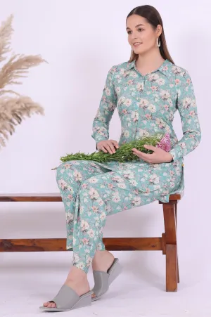 Blue Printed Straight Kurta with Palazzo & Dupatta Set