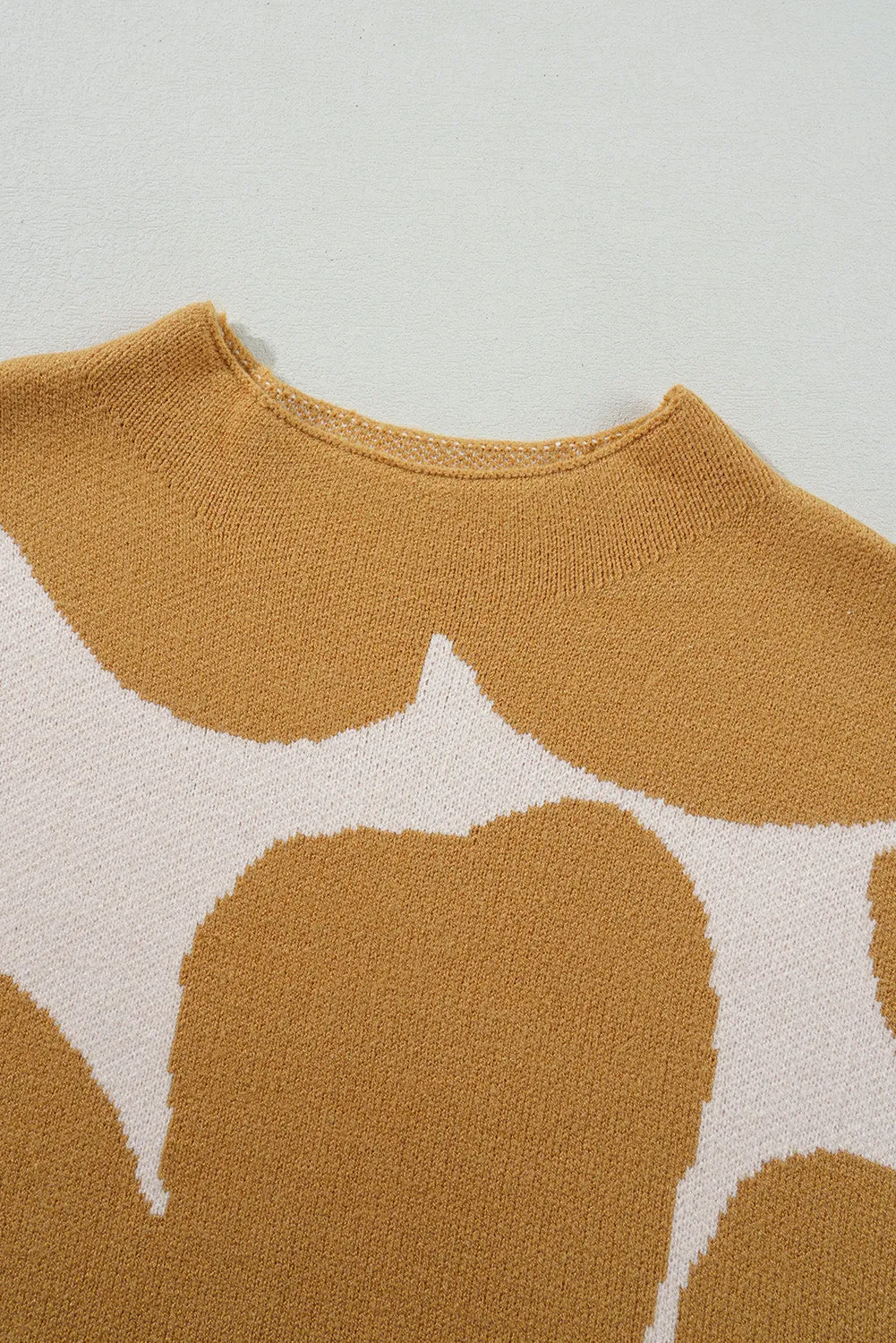 Camel Big Flower Pattern Stand Neck Short Sleeve Sweater