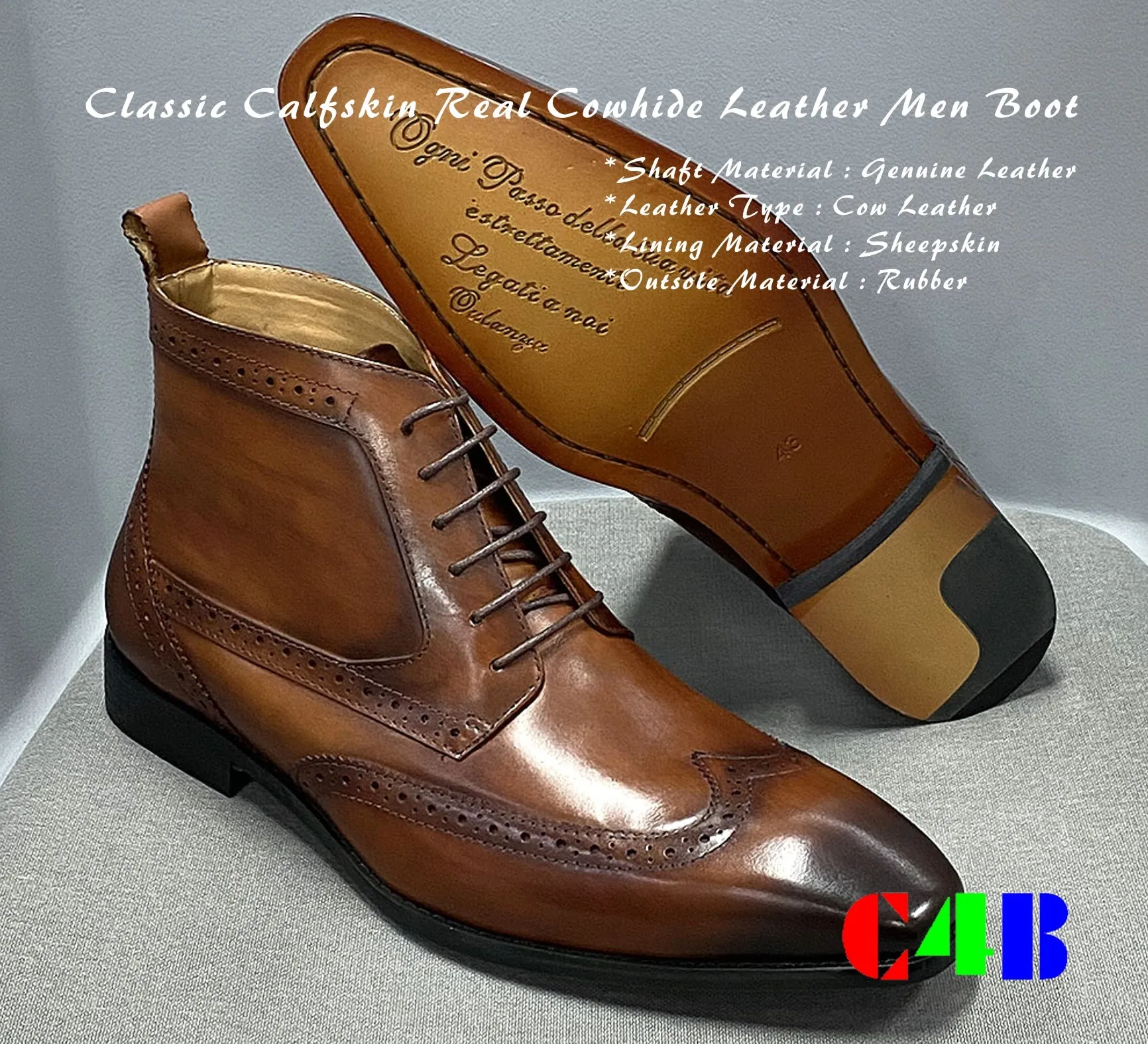 Classic Calfskin Real Cowhide Leather Men Boot