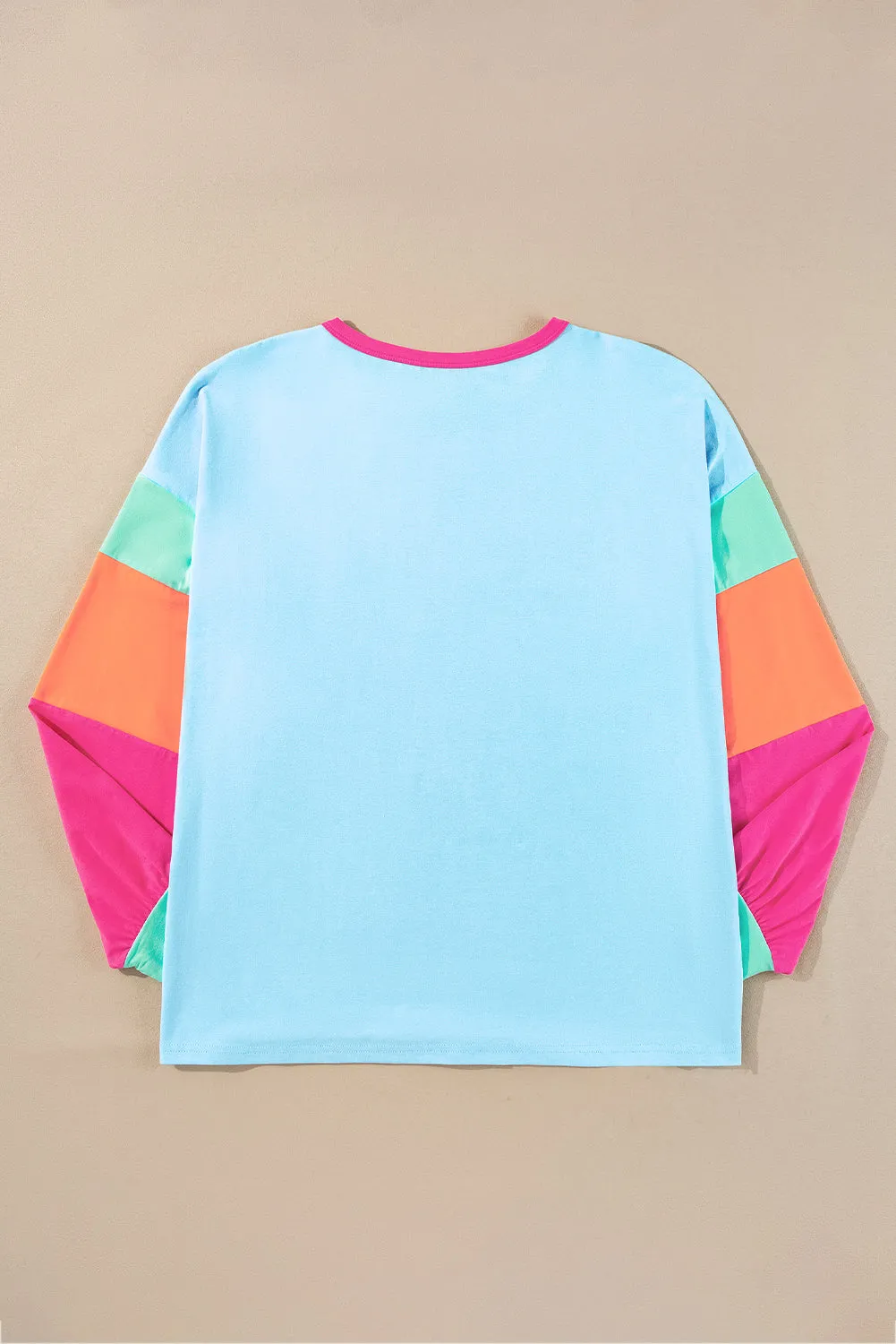 Dark Blue Colorblock Patchwork Long Sleeve Plus Size Top