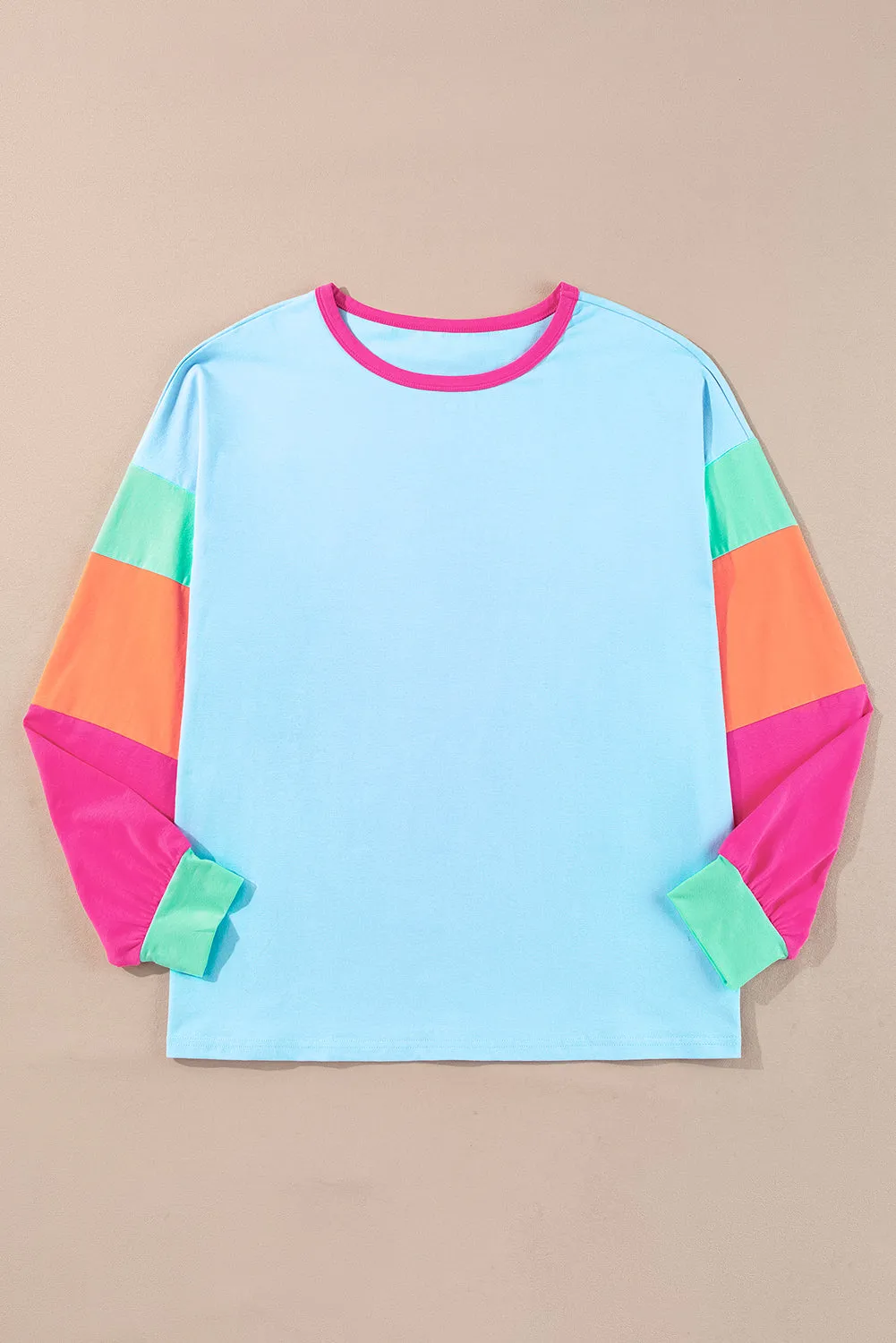 Dark Blue Colorblock Patchwork Long Sleeve Plus Size Top