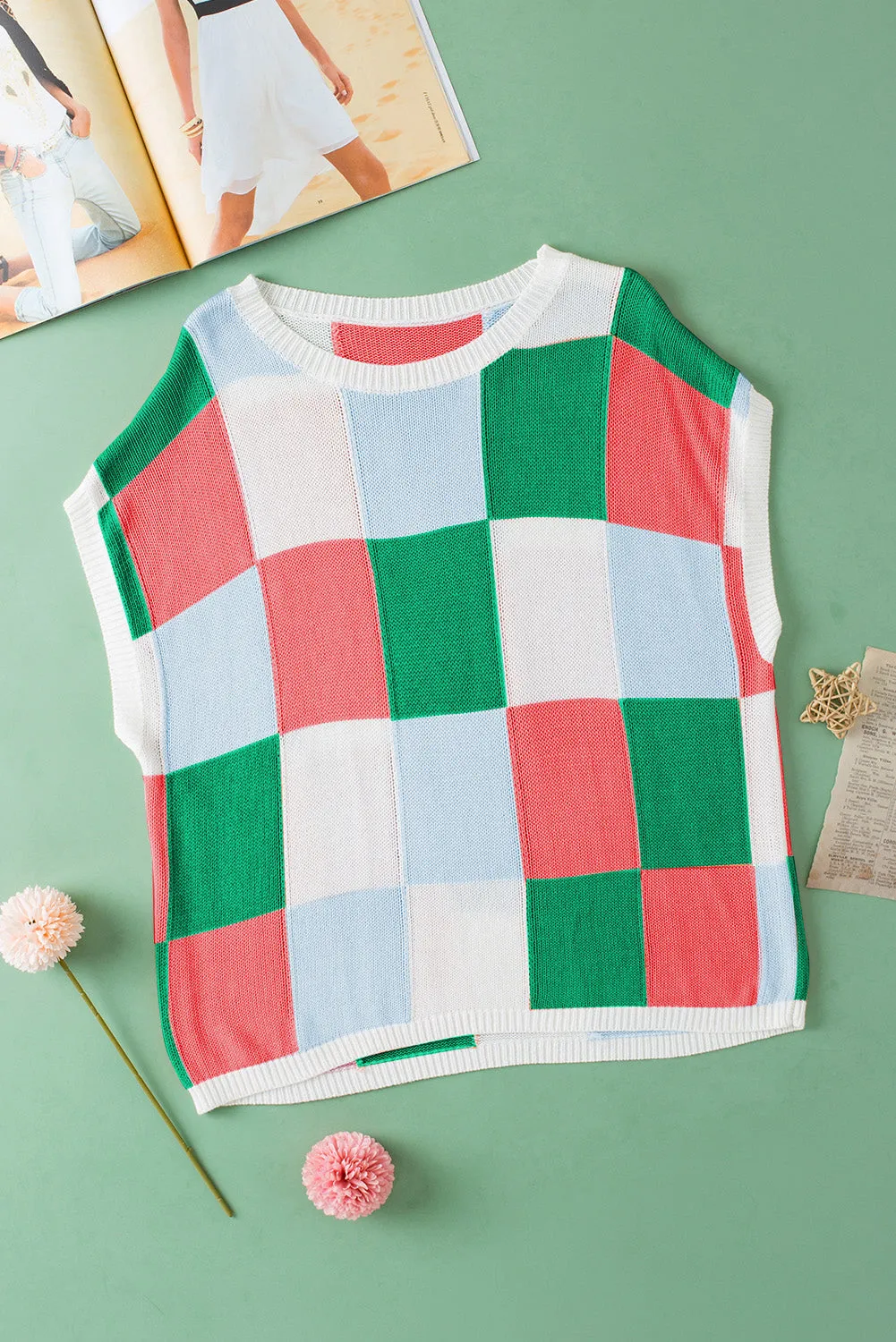 Dark Green Color Block Cap Sleeve Sweater