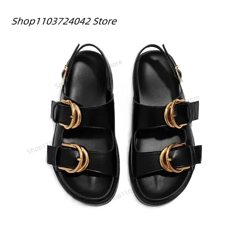Designer Women Platform Sandals Gold Buckle Roman Shoes New Summer Metal Circle Gladiator Sandalias Mujer Muffins Slides Shoes