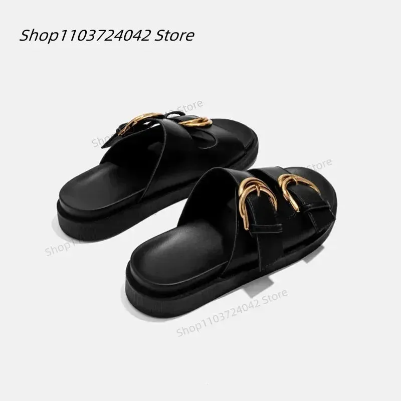 Designer Women Platform Sandals Gold Buckle Roman Shoes New Summer Metal Circle Gladiator Sandalias Mujer Muffins Slides Shoes