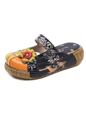Floral-Applique Leather Platform Sandal