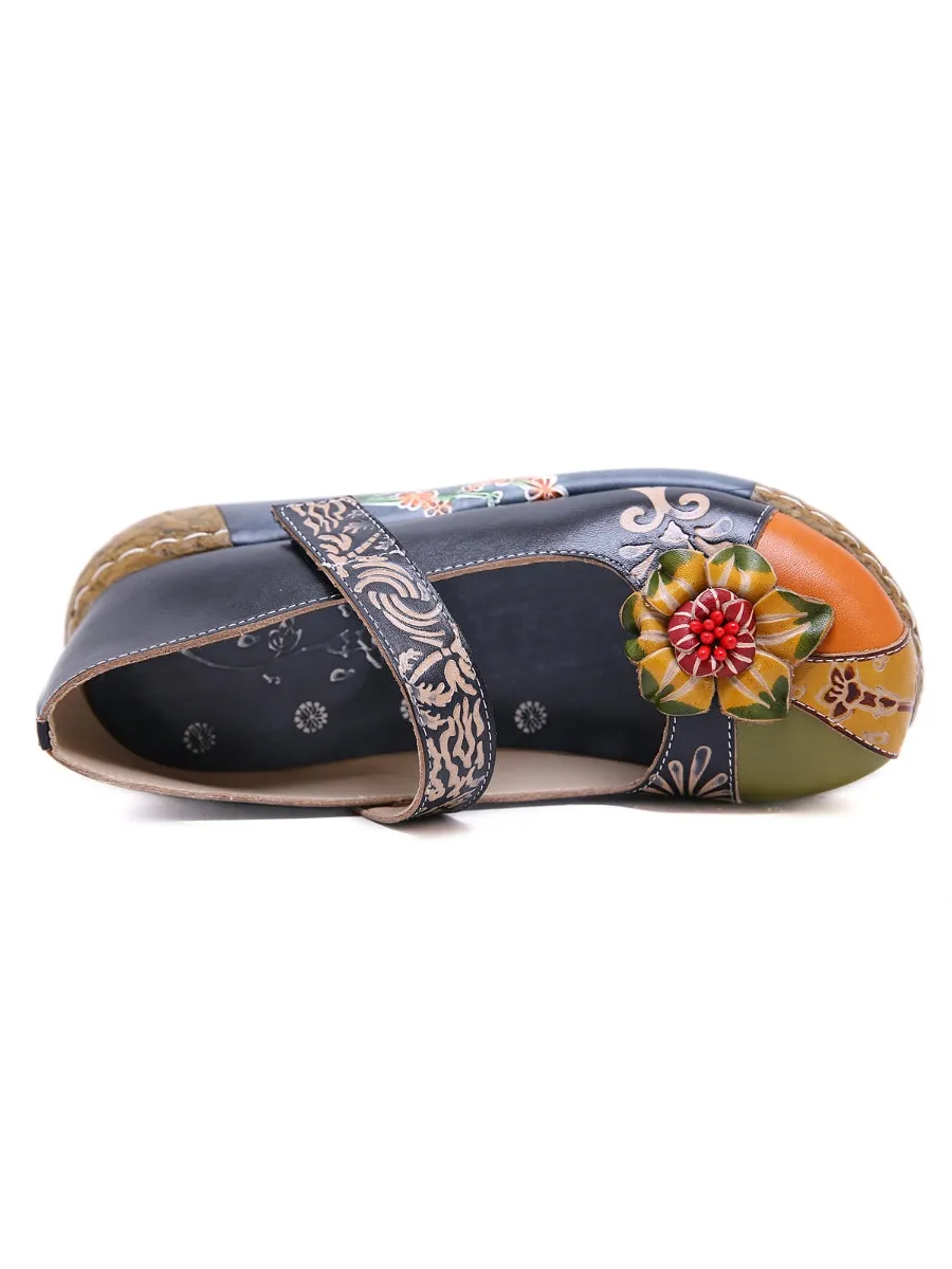 Floral-Applique Leather Platform Sandal