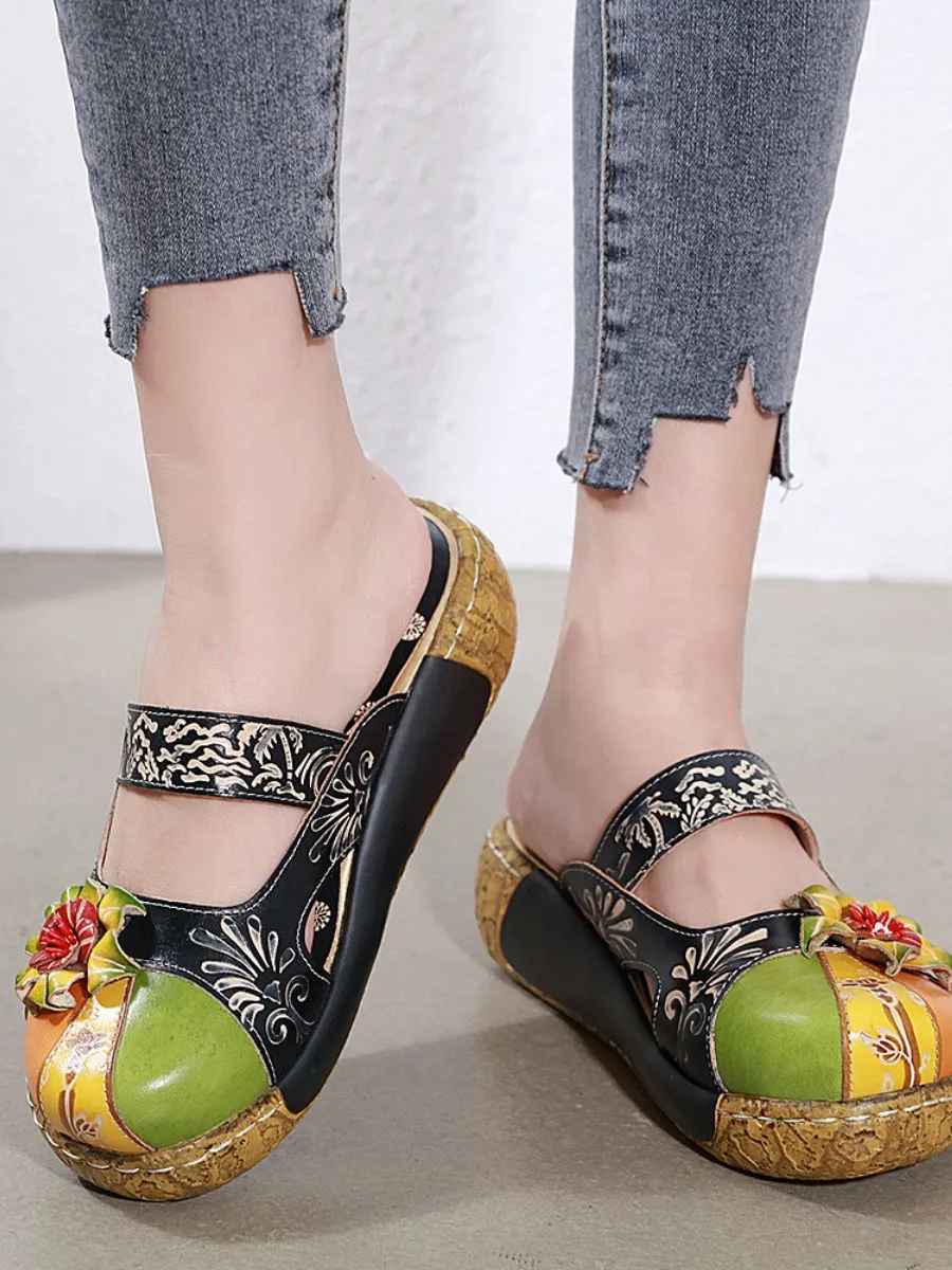 Floral-Applique Leather Platform Sandal