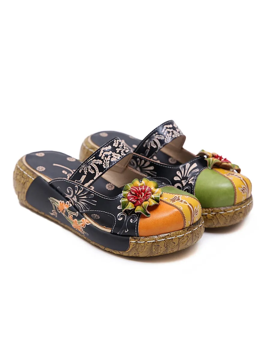 Floral-Applique Leather Platform Sandal