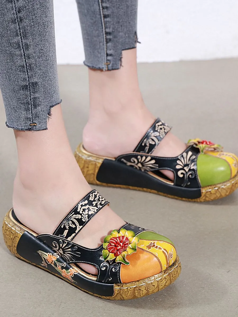 Floral-Applique Leather Platform Sandal