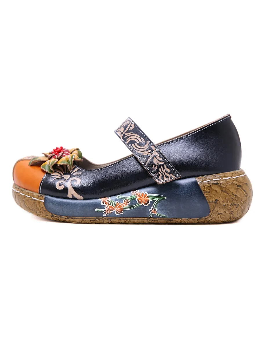 Floral-Applique Leather Platform Sandal