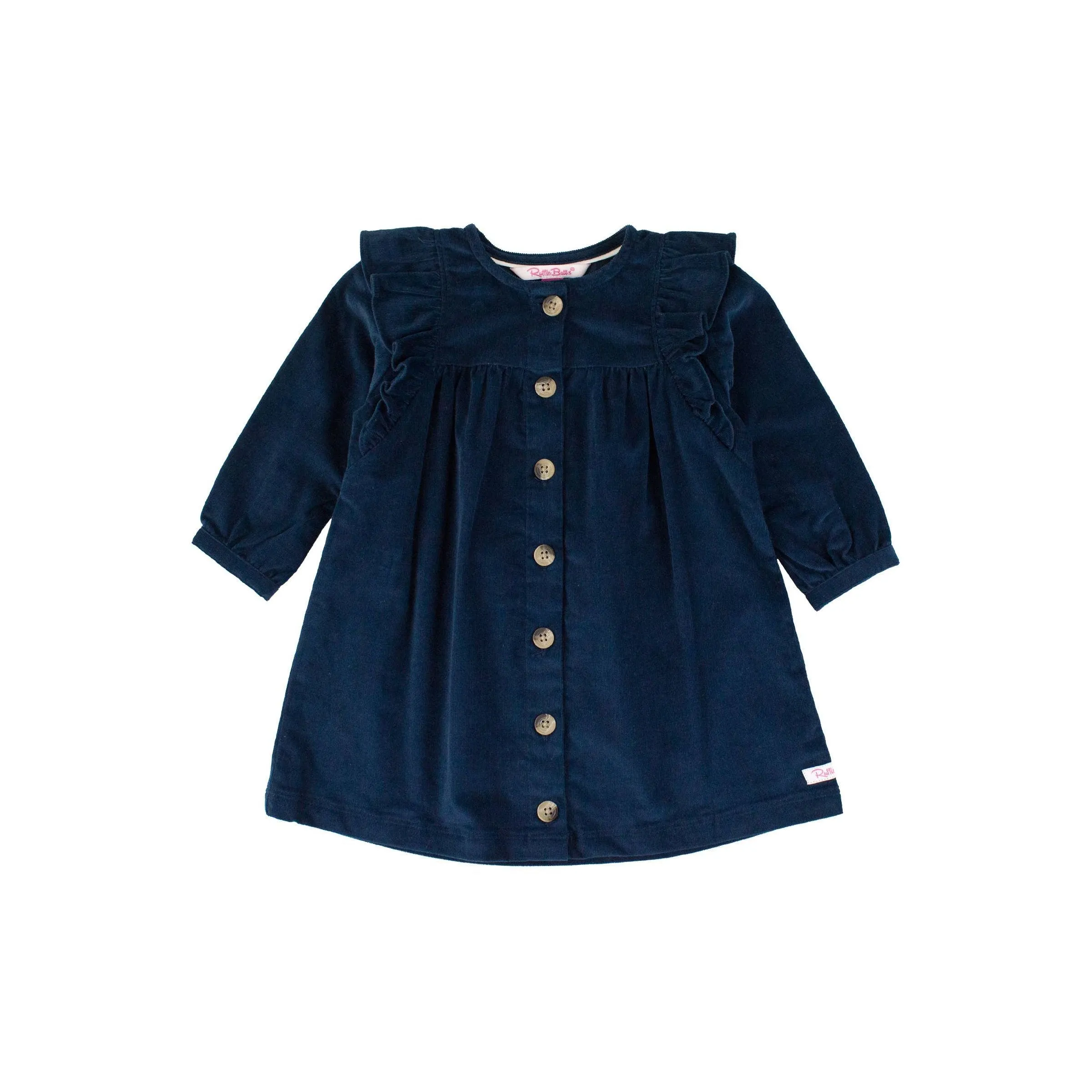 Girls Dark Navy Stretch Corduroy Ruffle Detail Dress