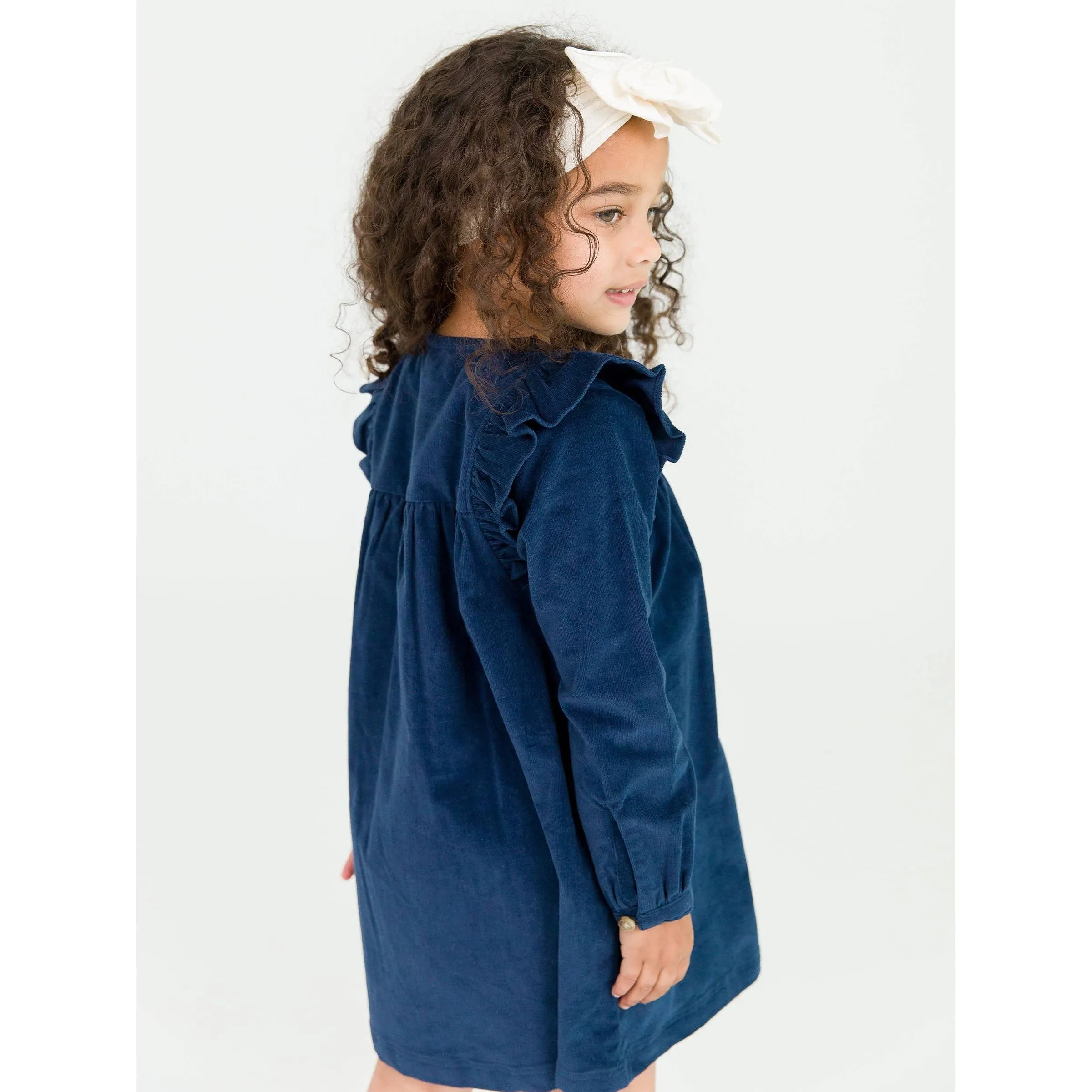 Girls Dark Navy Stretch Corduroy Ruffle Detail Dress
