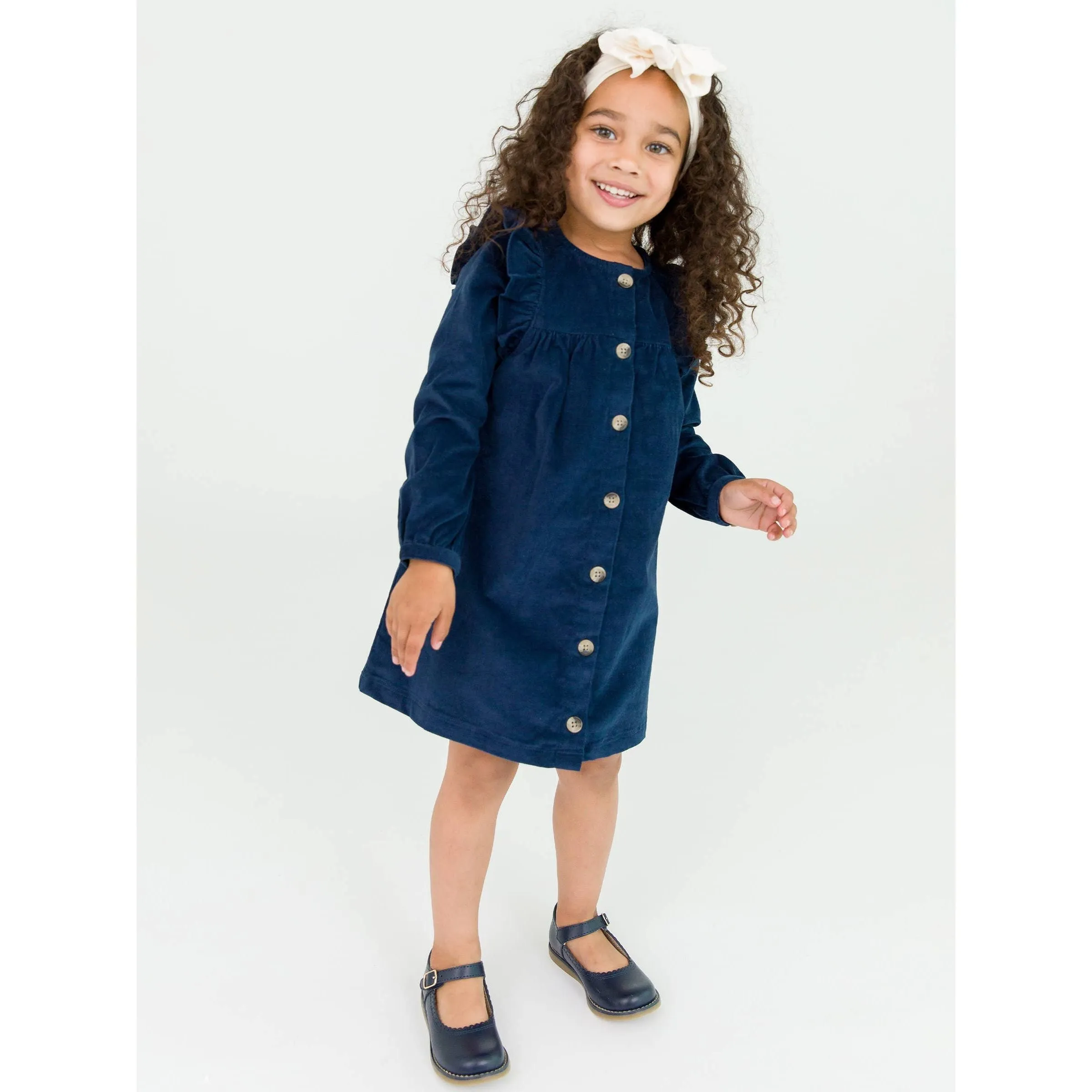 Girls Dark Navy Stretch Corduroy Ruffle Detail Dress