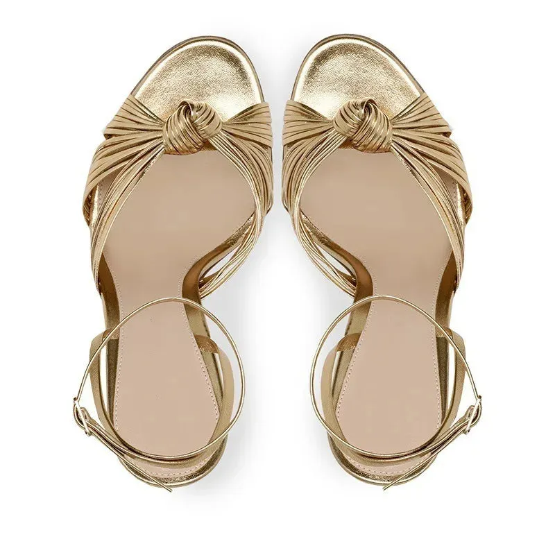 Gold Color Stiletto Heel Sandals Cross One Word Belt Round Toe Slingback Ankle Strap PU Sandals Women Fashion Party Large Size